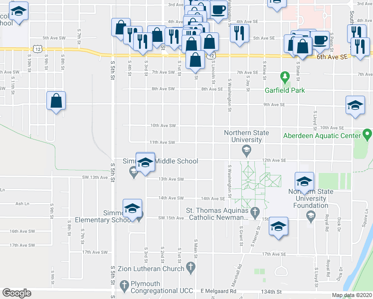 map of restaurants, bars, coffee shops, grocery stores, and more near 1122 South Main Street in Aberdeen