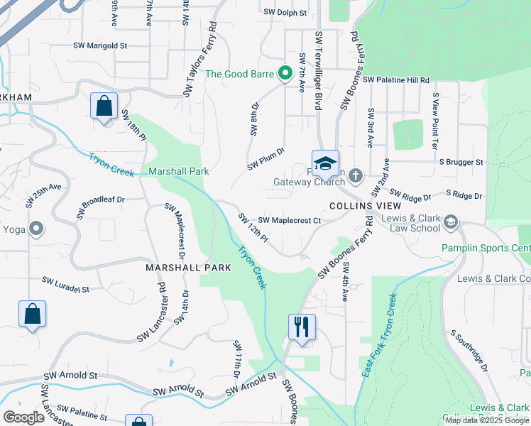 map of restaurants, bars, coffee shops, grocery stores, and more near 927 Southwest Maplecrest Court in Portland