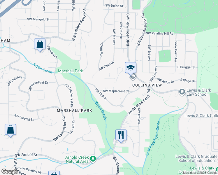 map of restaurants, bars, coffee shops, grocery stores, and more near 920 Southwest Maplecrest Court in Portland