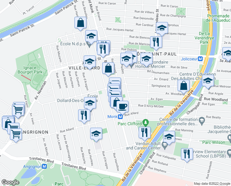 map of restaurants, bars, coffee shops, grocery stores, and more near 6544 Boulevard Monk in Montréal
