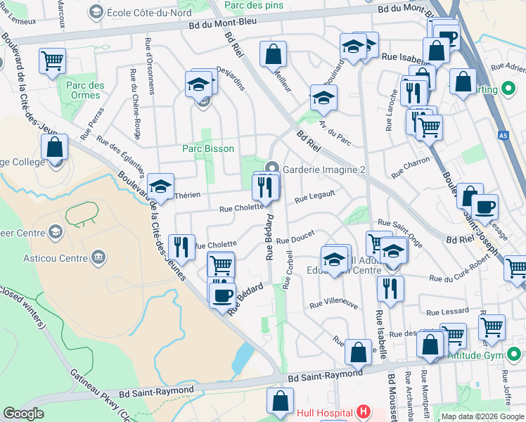 map of restaurants, bars, coffee shops, grocery stores, and more near in Gatineau