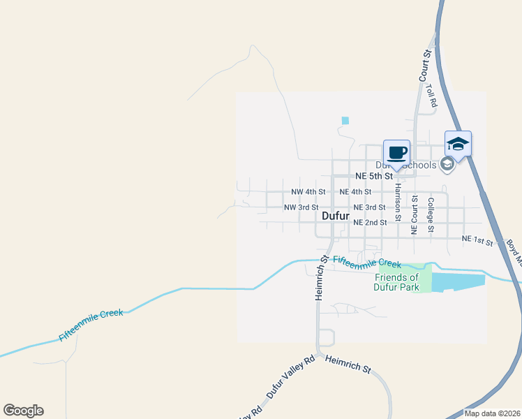 map of restaurants, bars, coffee shops, grocery stores, and more near 501 Northwest 3rd Street in Dufur