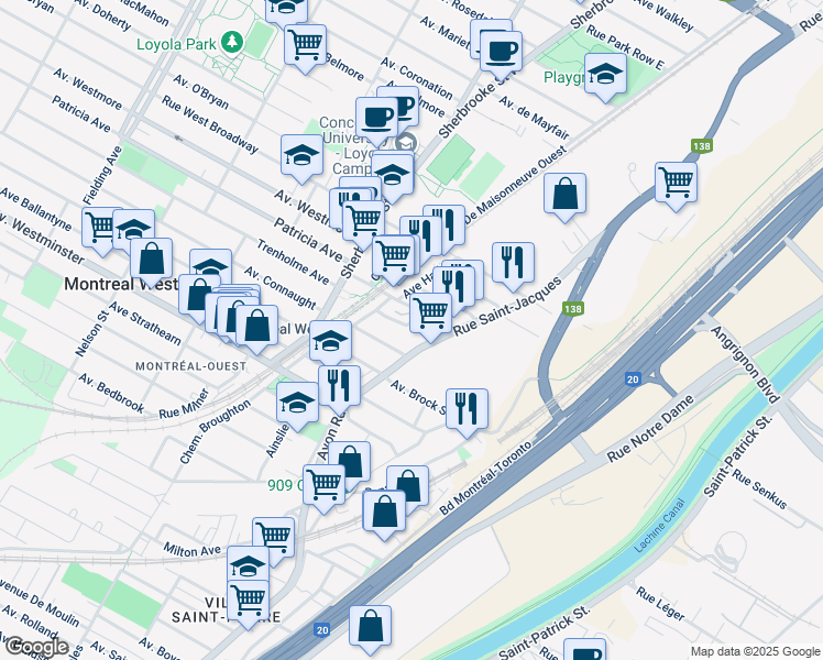 map of restaurants, bars, coffee shops, grocery stores, and more near 2044 Avenue Trenholme in Montréal