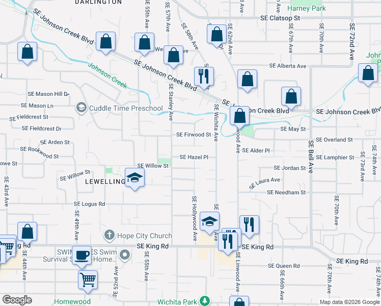 map of restaurants, bars, coffee shops, grocery stores, and more near 5905 Southeast Hazel Place in Milwaukie