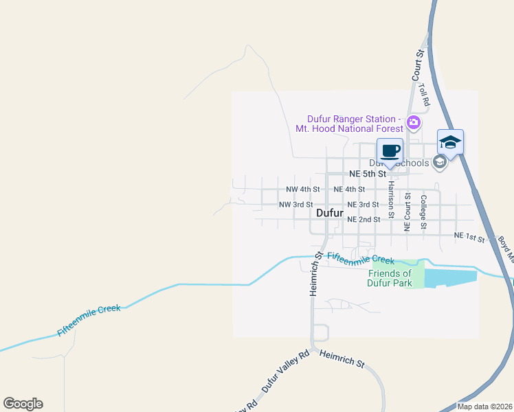 map of restaurants, bars, coffee shops, grocery stores, and more near 506 Northwest Bohna Street in Dufur