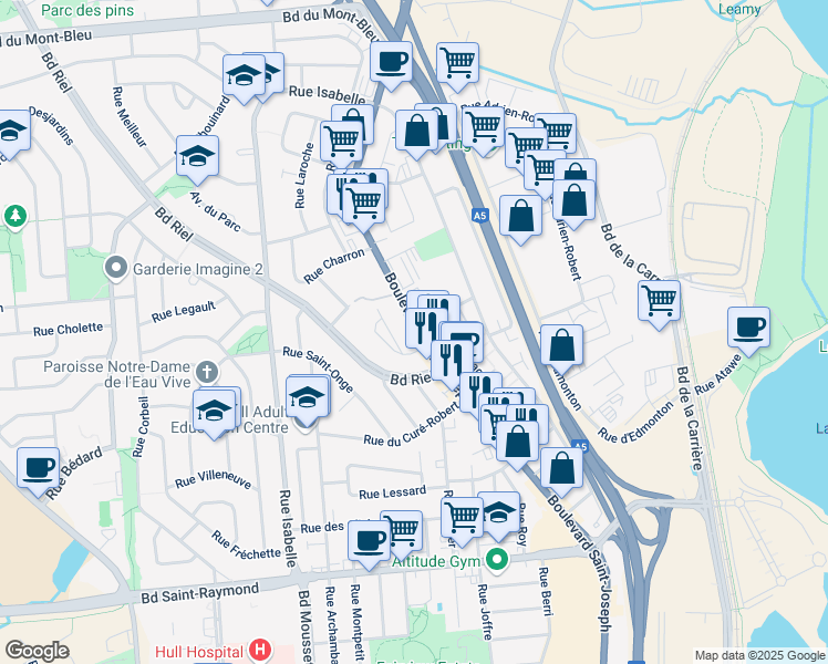 map of restaurants, bars, coffee shops, grocery stores, and more near in Gatineau