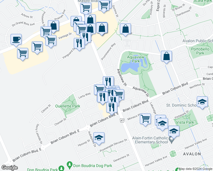 map of restaurants, bars, coffee shops, grocery stores, and more near 2230 Tenth Line Road in Ottawa