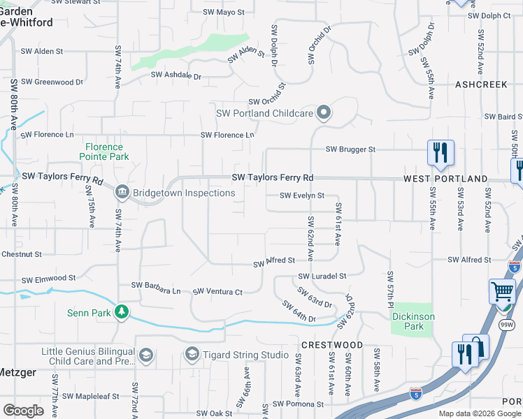 map of restaurants, bars, coffee shops, grocery stores, and more near 6485 Southwest Huber Street in Portland