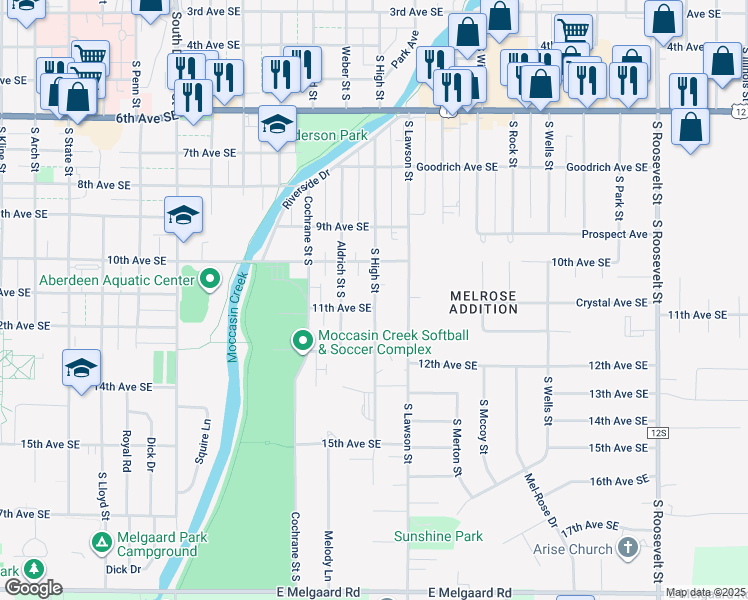 map of restaurants, bars, coffee shops, grocery stores, and more near 1109 South High Street in Aberdeen