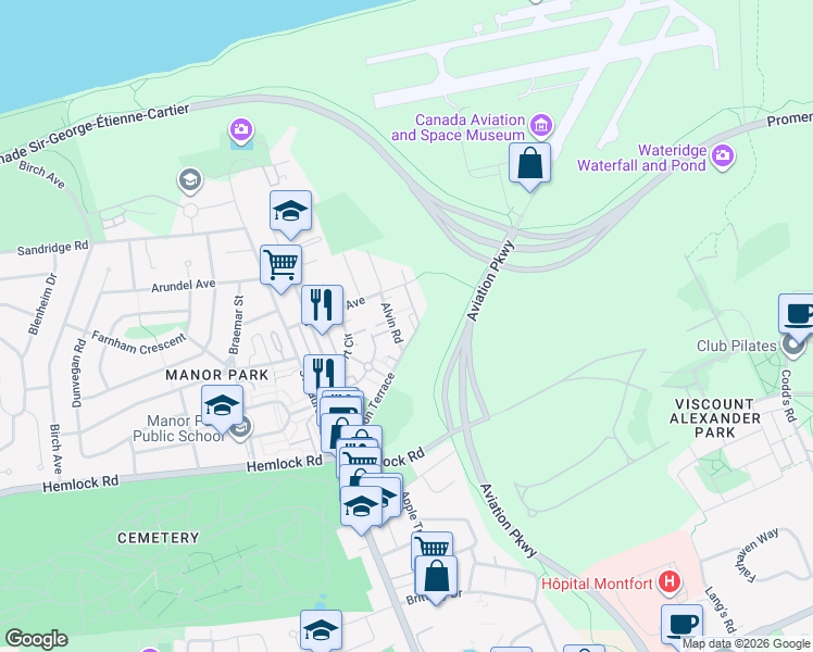 map of restaurants, bars, coffee shops, grocery stores, and more near 225 Alvin Road in Ottawa