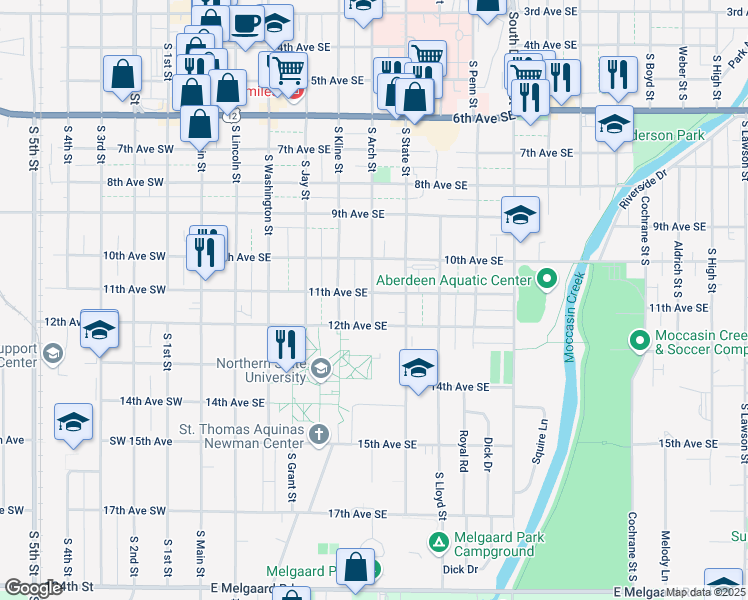 map of restaurants, bars, coffee shops, grocery stores, and more near 1120 South Arch Street in Aberdeen