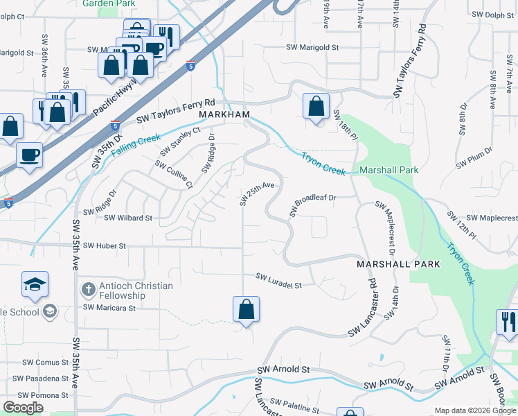 map of restaurants, bars, coffee shops, grocery stores, and more near 9921 Southwest Lancaster Road in Portland