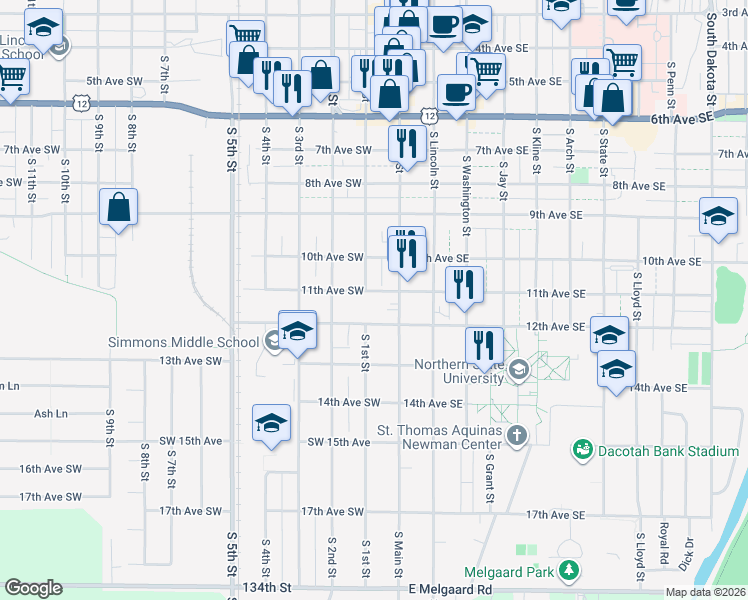 map of restaurants, bars, coffee shops, grocery stores, and more near 1116 South Main Street in Aberdeen