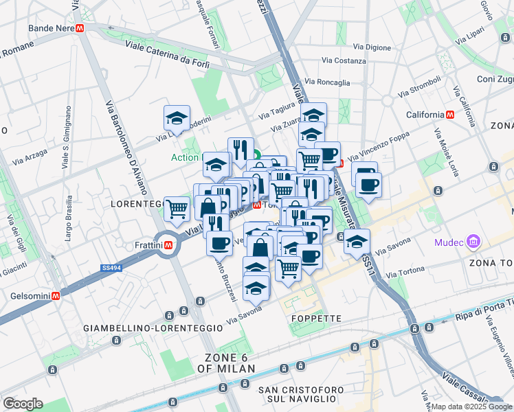 map of restaurants, bars, coffee shops, grocery stores, and more near 38 Via Vespri Siciliani in Milan