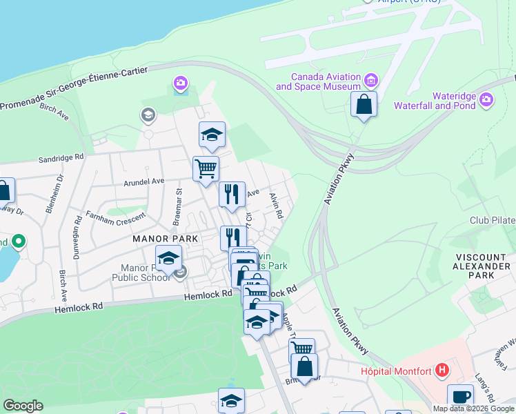 map of restaurants, bars, coffee shops, grocery stores, and more near 25 Sheba Private in Ottawa