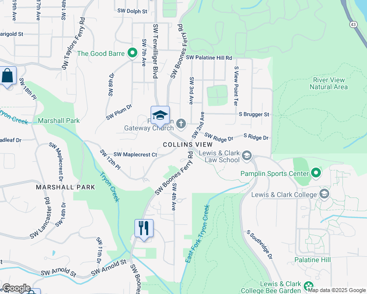 map of restaurants, bars, coffee shops, grocery stores, and more near 10015 Southwest Boones Ferry Road in Portland
