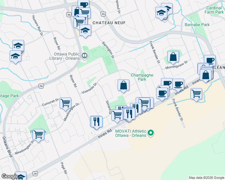 map of restaurants, bars, coffee shops, grocery stores, and more near 1833 Brousseau Crescent in Ottawa