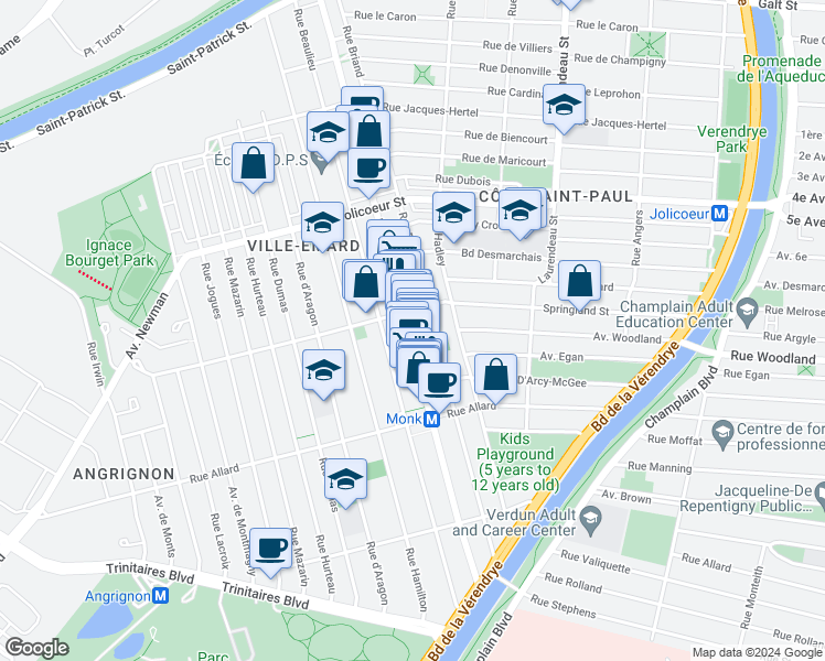 map of restaurants, bars, coffee shops, grocery stores, and more near 6532 Boulevard Monk in Montréal