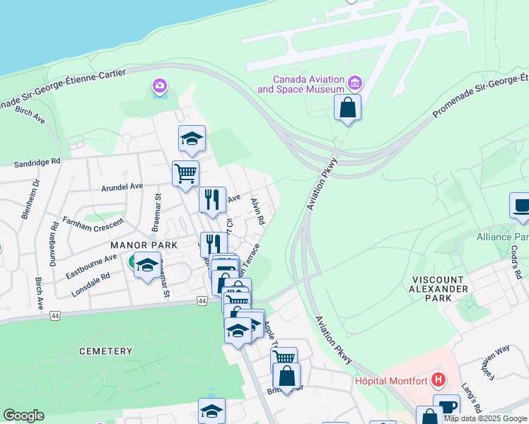 map of restaurants, bars, coffee shops, grocery stores, and more near 225 Alvin Road in Ottawa