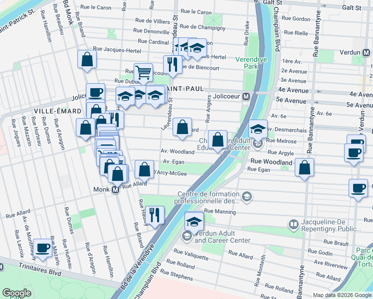 map of restaurants, bars, coffee shops, grocery stores, and more near 1679 Avenue Woodland in Montréal