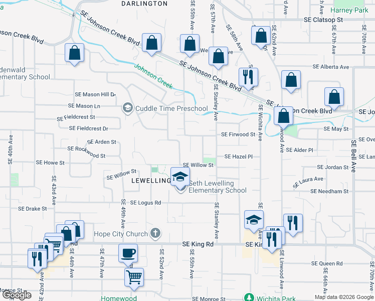 map of restaurants, bars, coffee shops, grocery stores, and more near 5501 Southeast Willow Street in Milwaukie