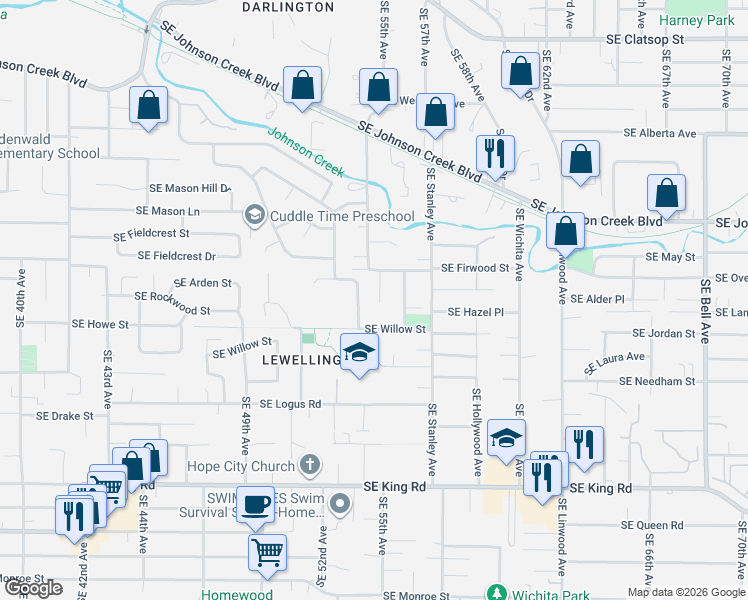 map of restaurants, bars, coffee shops, grocery stores, and more near 9529 Southeast 55th Avenue in Milwaukie