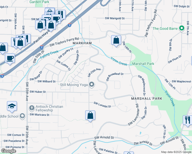 map of restaurants, bars, coffee shops, grocery stores, and more near 9921 Southwest Lancaster Road in Portland