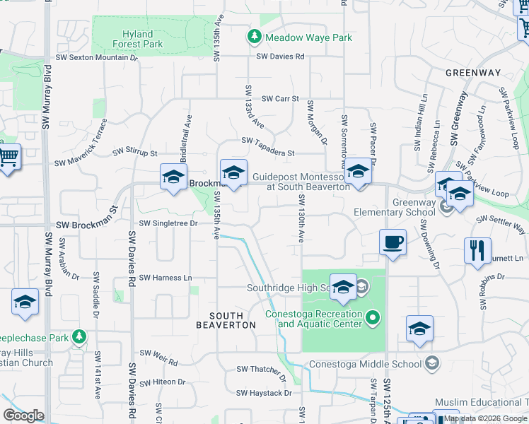 map of restaurants, bars, coffee shops, grocery stores, and more near 13175 Southwest Cavalier Court in Beaverton