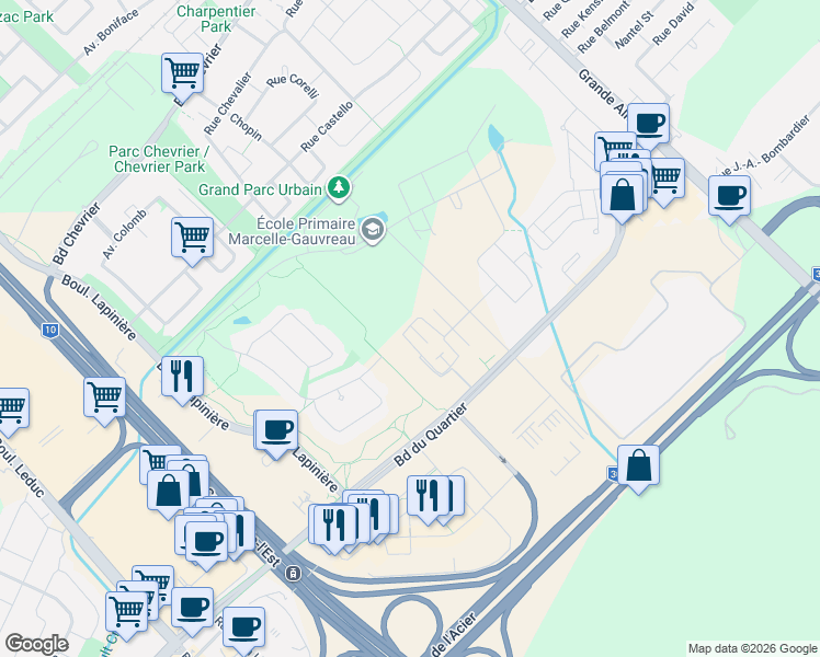 map of restaurants, bars, coffee shops, grocery stores, and more near 7205 Rue de Chambéry in Brossard