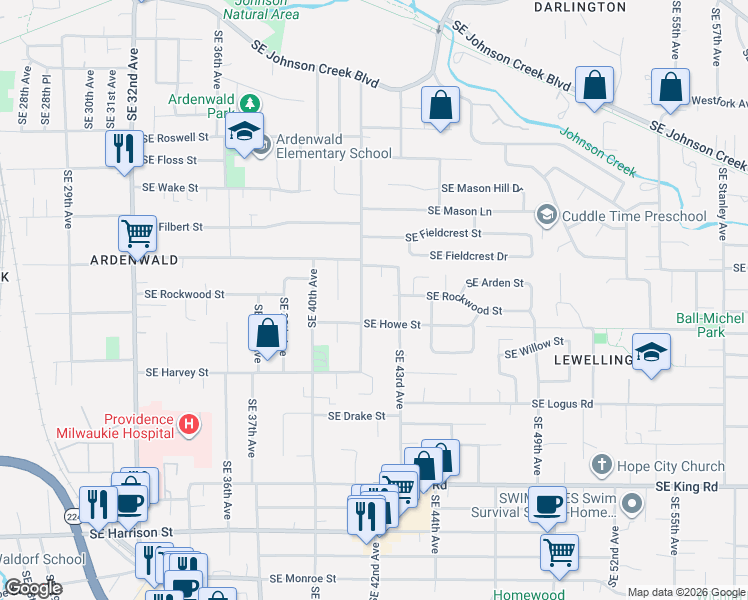 map of restaurants, bars, coffee shops, grocery stores, and more near 9665 Southeast 43rd Avenue in Milwaukie