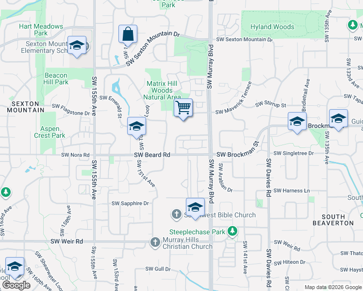 map of restaurants, bars, coffee shops, grocery stores, and more near 14800 Southwest Beard Road in Beaverton