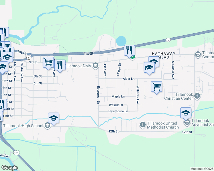 map of restaurants, bars, coffee shops, grocery stores, and more near 3508 Maple Lane in Tillamook