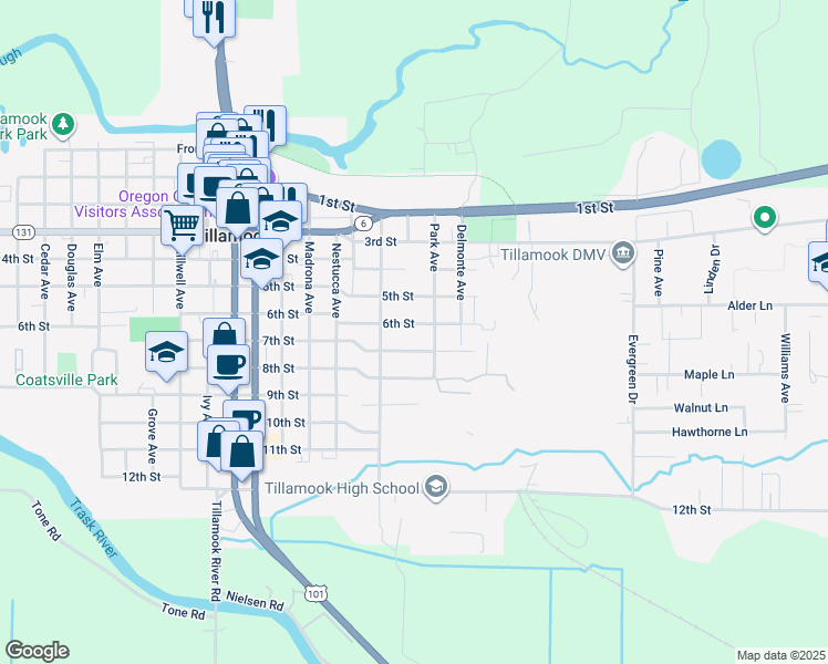 map of restaurants, bars, coffee shops, grocery stores, and more near 2517 7th Street in Tillamook