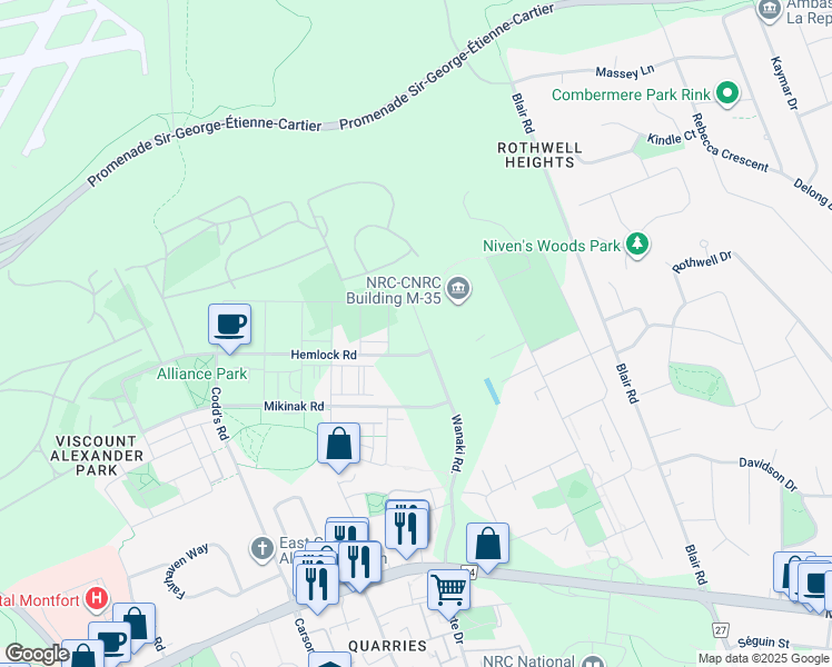 map of restaurants, bars, coffee shops, grocery stores, and more near Hemlock Road in Ottawa