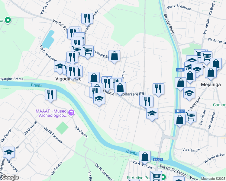 map of restaurants, bars, coffee shops, grocery stores, and more near 57 Via Roma in Vigodarzere