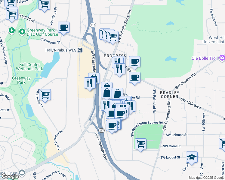 map of restaurants, bars, coffee shops, grocery stores, and more near 9321 Southwest Washington Square Road in Portland