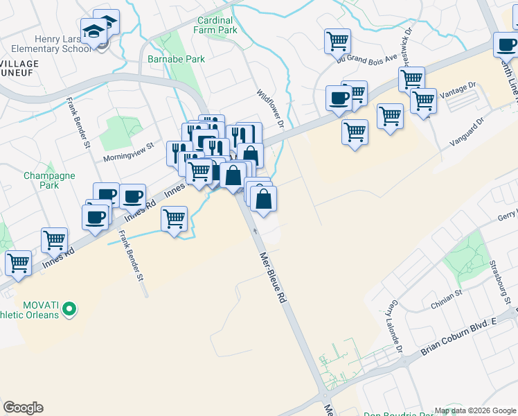 map of restaurants, bars, coffee shops, grocery stores, and more near 2035 Mer-Bleue Road in Ottawa