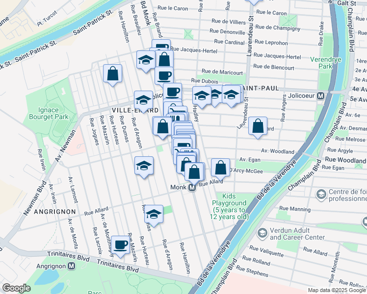map of restaurants, bars, coffee shops, grocery stores, and more near 6530 Boulevard Monk in Montréal