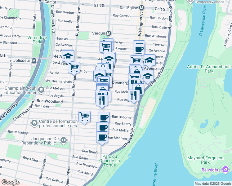 map of restaurants, bars, coffee shops, grocery stores, and more near 410 Rue Melrose in Montréal