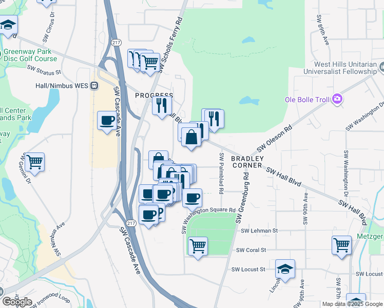 map of restaurants, bars, coffee shops, grocery stores, and more near 9009 Southwest Hall Boulevard in Tigard