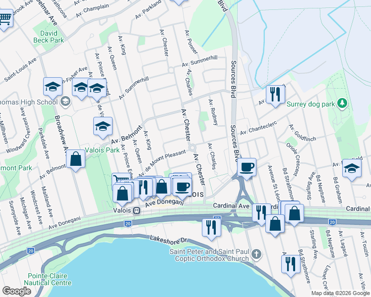 map of restaurants, bars, coffee shops, grocery stores, and more near 45 Mount Pleasant Avenue in Pointe-Claire