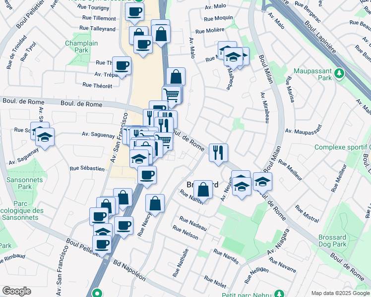 map of restaurants, bars, coffee shops, grocery stores, and more near 2380 Place Neptune in Brossard