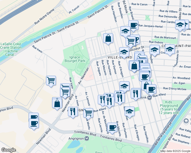 map of restaurants, bars, coffee shops, grocery stores, and more near 6336 Montmagny Avenue in Montreal