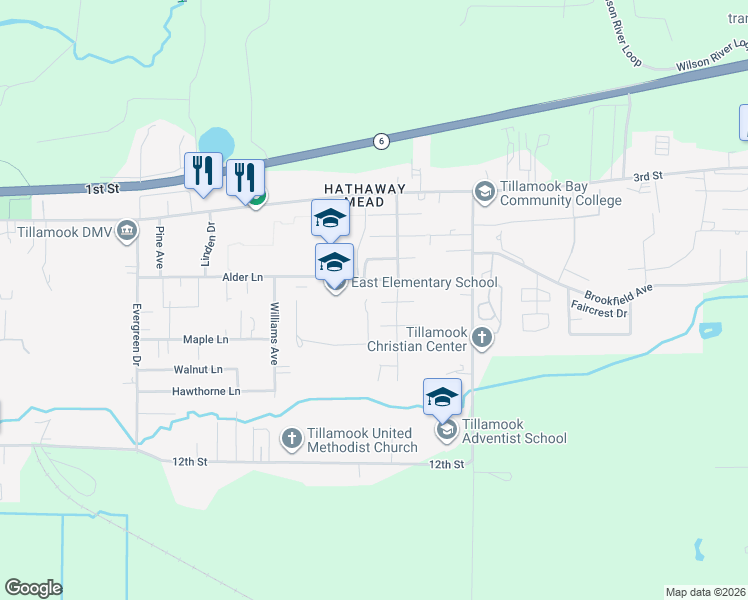map of restaurants, bars, coffee shops, grocery stores, and more near 4004 Elmwood Street in Tillamook