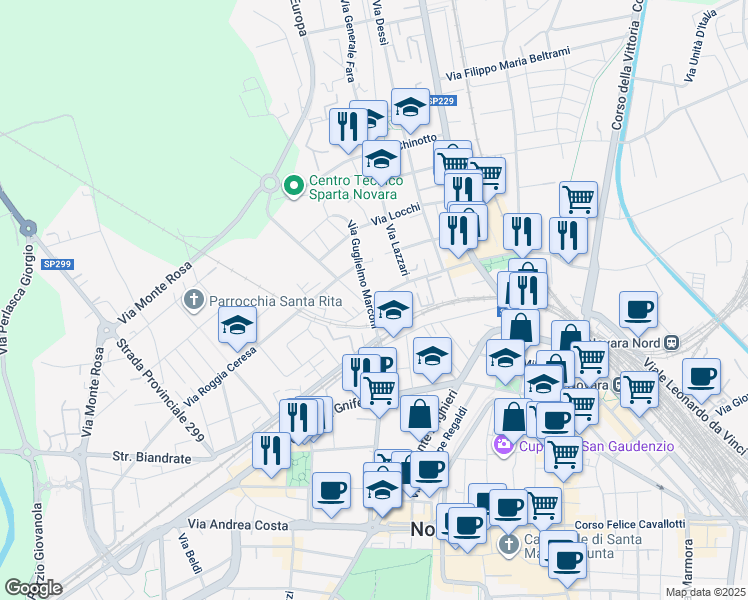 map of restaurants, bars, coffee shops, grocery stores, and more near Via Campano Giovanni da Novara in Novara