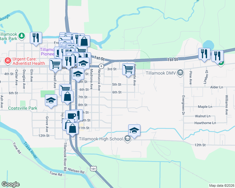 map of restaurants, bars, coffee shops, grocery stores, and more near 2507 6th Street in Tillamook