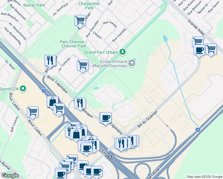 map of restaurants, bars, coffee shops, grocery stores, and more near 3635 Croissant des Caryers in Brossard