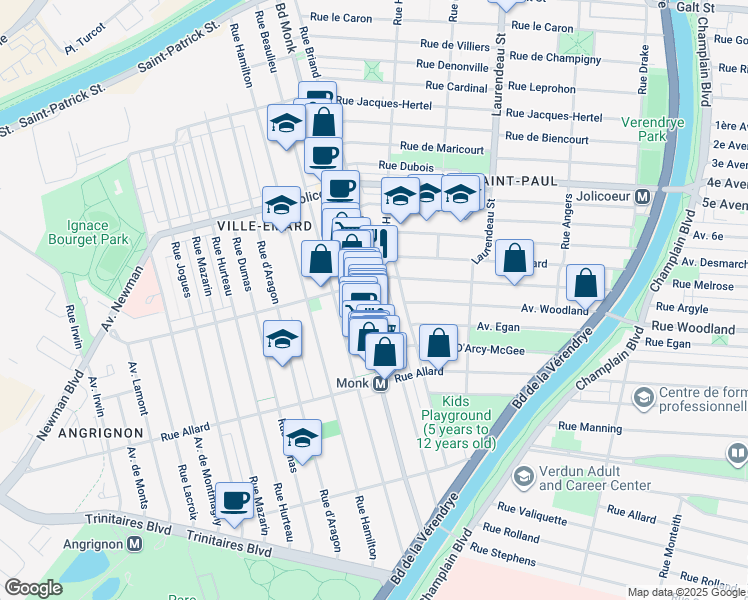 map of restaurants, bars, coffee shops, grocery stores, and more near 6535 Rue Briand in Montréal