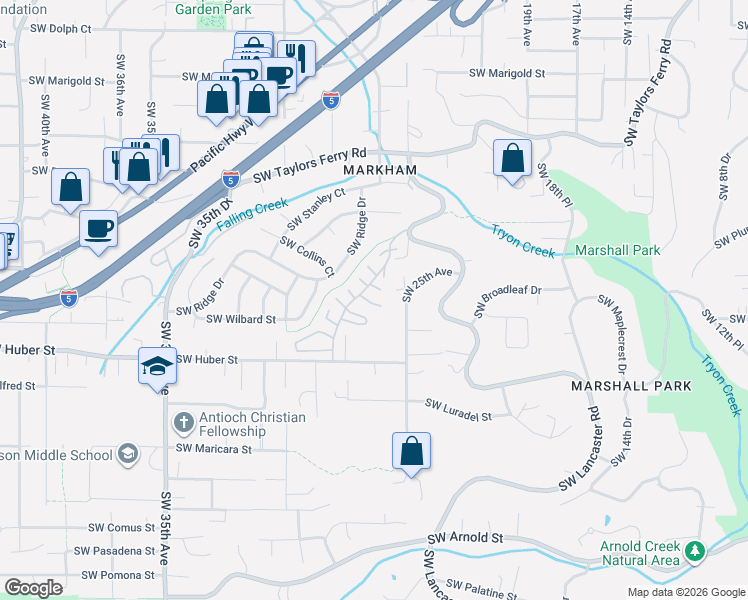 map of restaurants, bars, coffee shops, grocery stores, and more near 9912 Southwest Quail Post Road in Portland
