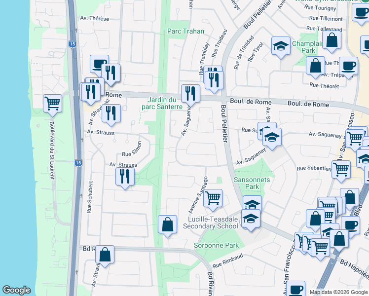 map of restaurants, bars, coffee shops, grocery stores, and more near 7865 Croissant Salomon in Brossard